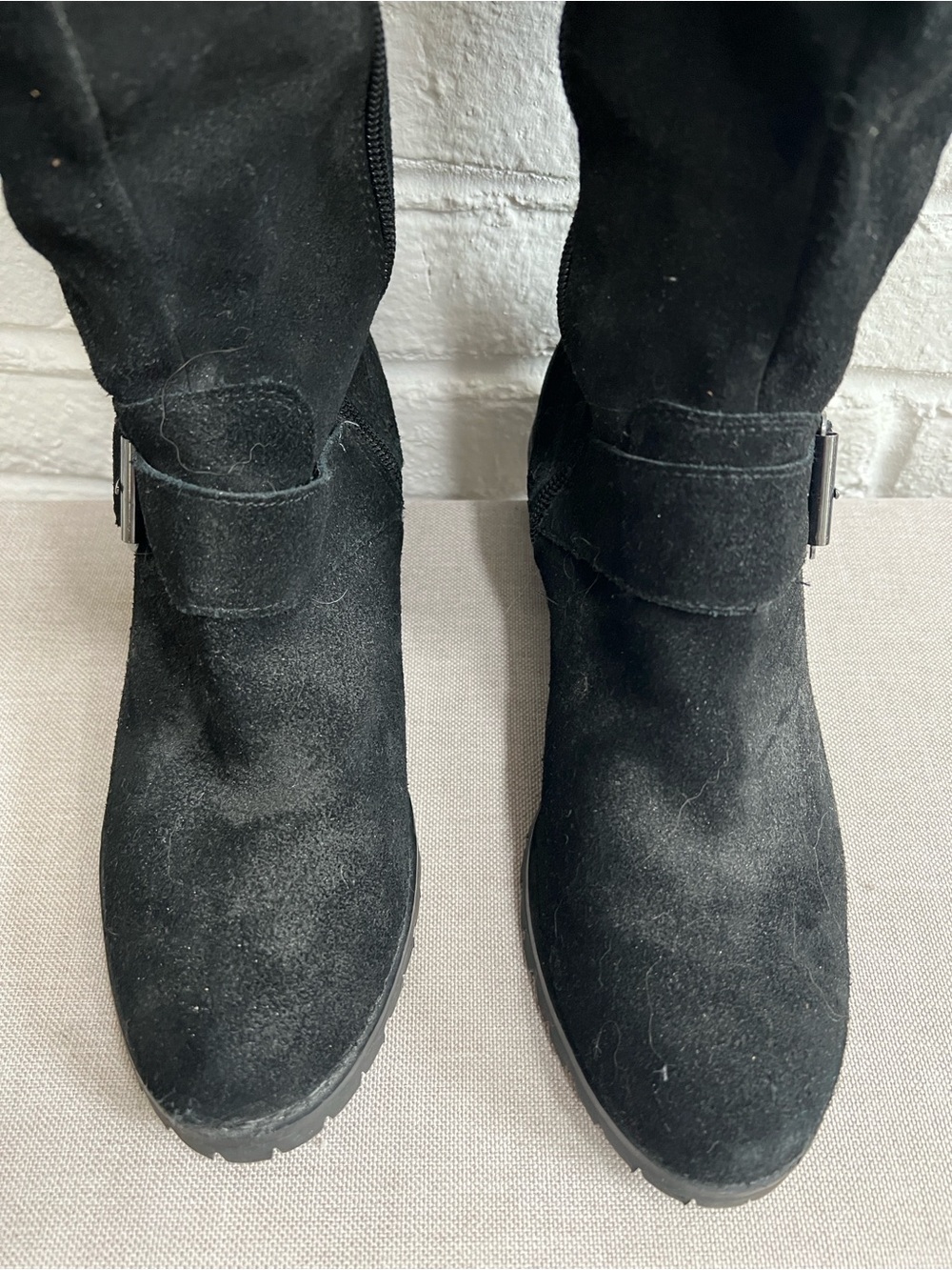 SOLE SOCIETY Black Suede Over the Knee Boots with Low heel Lug sole Buckles - Picture 5 of 16